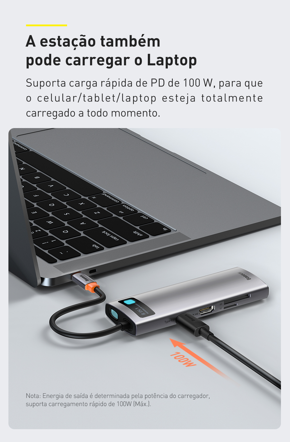 Hub USB-C Baseus 8 em 1 Dockstation HDMI 4k USB-3.0 carga laptop